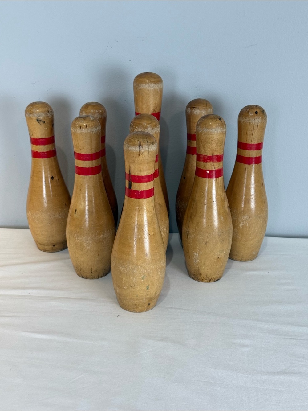 Vintage Set 9 Wooden Bowling Pins Classic Double Red Stripe Wood Memorabilia
